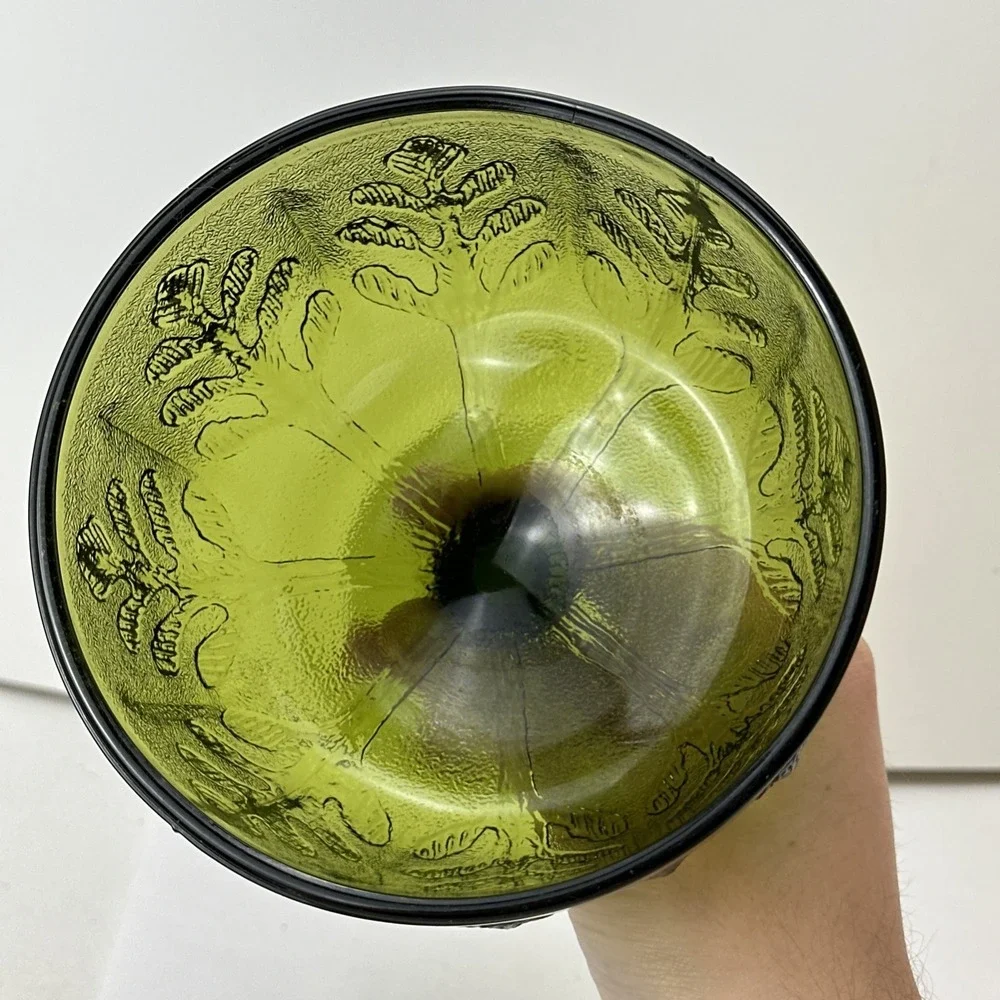 Vintage FTD  1978 Green Glass Goblet Leaf Bowl Vase with Stem Pedestal Decor